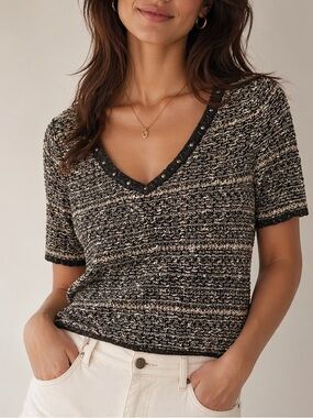 ST. JOHN SPORT Textured Black V-Neck Short Sleeve Knit Top Size M Black Metallic